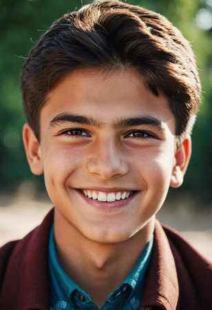 A joyful cute Tajik boy 18 years old beams with happiness as he stands in a picturesque landscape, surrounded by nature's beauty during warm, golden hour light. Happy smiling brunette boy. AI generateの素材