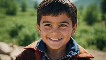 A smiling Tajik boy 5 years old beams with happiness, enjoying the beauty of a sunny day outdoors. His cheerful expression reflects moment of pure joy and innocence. Happy smiling child. AI generated.の素材
