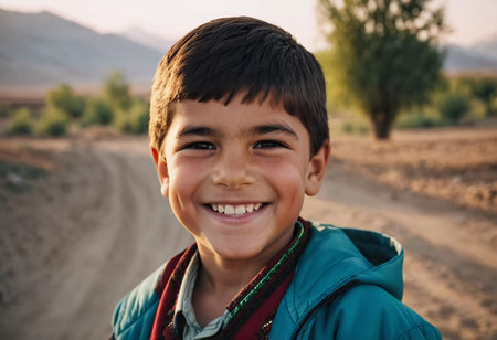 A smiling Tajik boy 5 years old beams with happiness, enjoying the beauty of a sunny day outdoors. His cheerful expression reflects moment of pure joy and innocence. Happy smiling child. AI generated.の素材