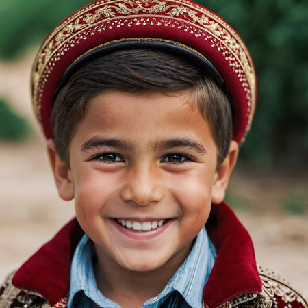 A smiling Tajik boy 5 years old beams with happiness, enjoying the beauty of a sunny day outdoors. His cheerful expression reflects moment of pure joy and innocence. Happy smiling child. AI generated.の素材