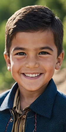 A smiling Tajik boy 5 years old beams with happiness, enjoying the beauty of a sunny day outdoors. His cheerful expression reflects moment of pure joy and innocence. Happy smiling child. AI generated.の素材