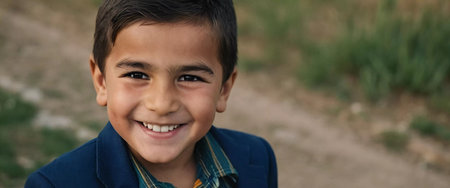 A smiling Tajik boy 5 years old beams with happiness, enjoying the beauty of a sunny day outdoors. His cheerful expression reflects moment of pure joy and innocence. Happy smiling child. AI generated.の素材