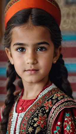 A young girl 5 years old of Tajik nationality stands outdoors, dressed in traditional attire. Her facial expression reflects curiosity and innocence. AI generated.の素材