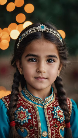 A young girl 5 years old of Tajik nationality stands outdoors, dressed in traditional attire. Her facial expression reflects curiosity and innocence. AI generated.の素材
