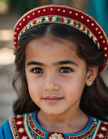 A young girl 5 years old of Tajik nationality stands outdoors, dressed in traditional attire. Her facial expression reflects curiosity and innocence. AI generated.の素材