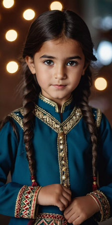 A young girl 5 years old of Tajik nationality stands outdoors, dressed in traditional attire. Her facial expression reflects curiosity and innocence. AI generated.の素材