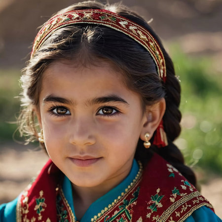 A young girl 5 years old of Tajik nationality stands outdoors, dressed in traditional attire. Her facial expression reflects curiosity and innocence, surrounded by nature's tranquility. AI generated.の素材