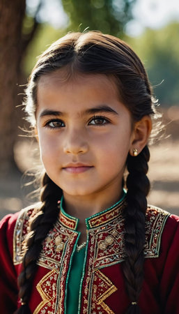 A young girl 5 years old of Tajik nationality stands outdoors, dressed in traditional attire. Her facial expression reflects curiosity and innocence, surrounded by nature's tranquility. AI generated.の素材