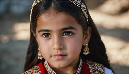 A young girl 5 years old of Tajik nationality stands outdoors, dressed in traditional attire. Her facial expression reflects curiosity and innocence, surrounded by nature's tranquility. AI generated.の素材