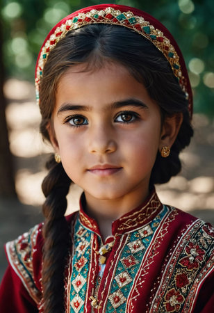 A young girl 5 years old of Tajik nationality stands outdoors, dressed in traditional attire. Her facial expression reflects curiosity and innocence, surrounded by nature's tranquility. AI generated.の素材