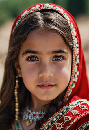 A young girl 5 years old of Tajik nationality stands outdoors, dressed in traditional attire. Her facial expression reflects curiosity and innocence, surrounded by nature's tranquility. AI generated.の素材