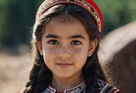 A young girl 5 years old of Tajik nationality stands outdoors, dressed in traditional attire. Her facial expression reflects curiosity and innocence, surrounded by nature's tranquility. AI generated.の素材