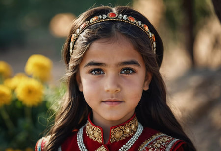 A young girl 5 years old of Tajik nationality stands outdoors, dressed in traditional attire. Her facial expression reflects curiosity and innocence, surrounded by nature's tranquility. AI generated.の素材