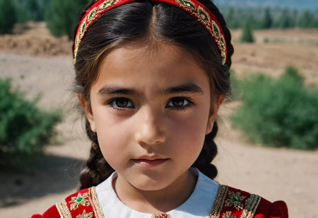 A young girl 5 years old of Tajik nationality stands outdoors, dressed in traditional attire. Her facial expression reflects curiosity and innocence, surrounded by nature's tranquility. AI generated.の素材