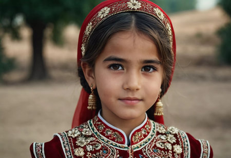 A young girl 5 years old of Tajik nationality stands outdoors, dressed in traditional attire. Her facial expression reflects curiosity and innocence, surrounded by nature's tranquility. AI generated.の素材