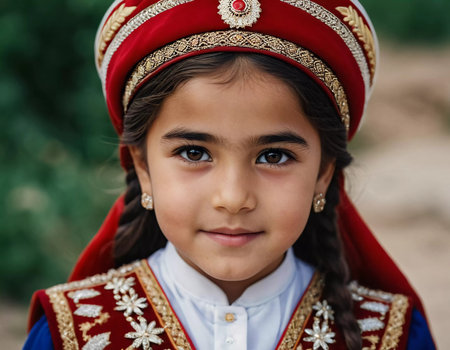 A young girl 5 years old of Tajik nationality stands outdoors, dressed in traditional attire. Her facial expression reflects curiosity and innocence, surrounded by nature's tranquility. AI generated.の素材