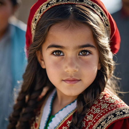 A young girl 5 years old of Tajik nationality stands outdoors, dressed in traditional attire. Her facial expression reflects curiosity and innocence, surrounded by nature's tranquility. AI generated.の素材