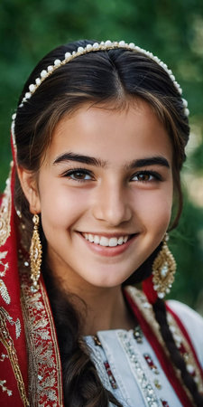 A young Tajik girl 18 years old beams with joy surrounded by lush greenery reflecting her cultural heritage. The sunlight accentuates her cheerful expression and traditional clothing. Generated by AI.の素材