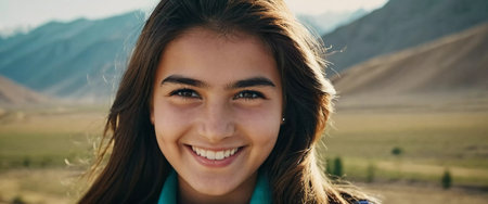 A young Tajik girl 18 years old beams with joy surrounded by lush greenery reflecting her cultural heritage. The sunlight accentuates her cheerful expression and traditional clothing. Generated by AI.の素材