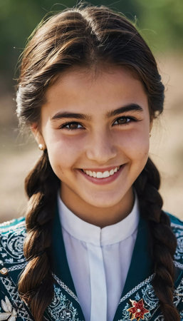 A young Tajik girl 18 years old beams with joy surrounded by lush greenery reflecting her cultural heritage. The sunlight accentuates her cheerful expression and traditional clothing. Generated by AI.の素材