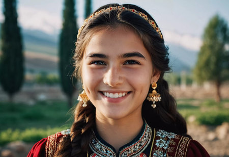 A young Tajik girl 18 years old beams with joy surrounded by lush greenery reflecting her cultural heritage. The sunlight accentuates her cheerful expression and traditional clothing. Generated by AI.の素材
