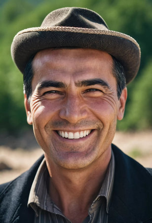 A joyful Tajik man 45 years old dressed in traditional clothing beams with a bright smile against a stunning backdrop, exuding warmth and happiness. A resident of Tajikistan. Generated by AI.の素材