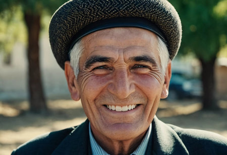 A joyful Tajik man 75 years old wearing traditional clothing stands outdoors with a broad smile against a natural backdrop on a sunny day. A resident of Tajikistan smiles. Generated by AIの素材