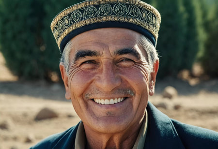 A joyful Tajik man 75 years old wearing traditional clothing stands outdoors with a broad smile against a natural backdrop on a sunny day. A resident of Tajikistan smiles. Generated by AIの素材