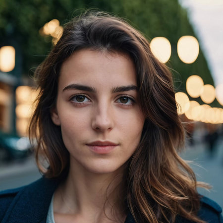 A young brunette woman 25 years old stands confidently on a Paris street at twilight, with soft city lights illuminating her gentle features, reflecting tranquility and urban charm. Generative AI.の素材
