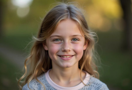 A young Caucasian girl with curly blond hair smiles brightly while enjoying a sunny summer day outdoors. The greenery around her highlights her cheerful spirit and innocence. Generative AI.の素材