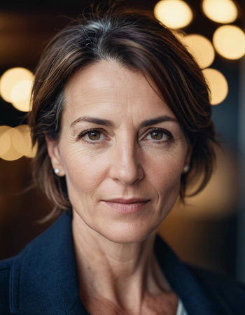 A Caucasian brunette French woman 50 - 60 years old with medium length hair up to shoulders stands in a quaint French street. The scenery embodies a serene and joyful atmosphere. Generative AI.の素材