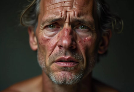 A close-up portrait of a man displaying pimple-like lesions on his face, indicative of monkeypox. His expression conveys concern about the symptoms he is experiencing. Generative AI.の素材
