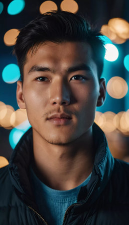 A young man with a confident expression poses against a backdrop of colorful lights at night in urban setting. A resident of Kazakhstan, a cute man of 25 years old. Student or applicant. AI generated.の素材
