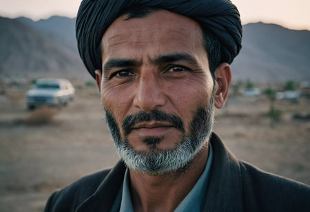 A middle-aged 45 years old Afghan man stands confidently in a rural area, showcasing his traditional attire and thoughtful gaze amidst a serene backdrop of his village. Generative AI.の素材