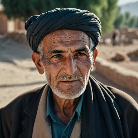 An elderly man from Afghanistan showcases his weathered face, reflecting years of wisdom and resilience against a modest backdrop of nature, embodying the rich culture of his homeland. Generative AI.の素材