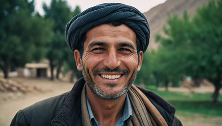 A joyful resident of Afghanistan 45 years old is smiling brightly, embodying the spirit of the region. His traditional attire complements the countryside background. Generative AIの素材