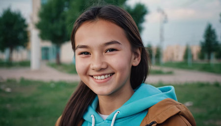 A cheerful young girl with long hair is smiling warmly, showcasing her happiness. Portrait of a pretty cheerful brunette girl, 15 years old, resident of Kazakhstan. Generative AI.の素材