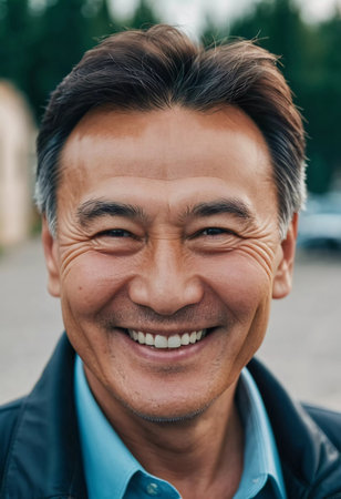 A man 50 years old with a genuine smile stands outside in a lively area showcasing a friendly demeanor and enjoying the beautiful day among vibrant surroundings. A resident of Kazakhstan. AI generate.の素材