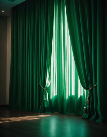 Curtain with soft smooth flowing folds. Deep green color and luxurious texture create a dramatic and elegant atmosphere. Decoration and interior design. Expensive curtain made of rich fabric. AIの素材