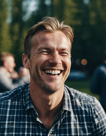 A cheerful Finnish man beams with a broad smile in a lush outdoor setting, capturing a moment of happiness and cultural connection amidst nature. Scandinavian Caucasian face type. Generative AI.の素材