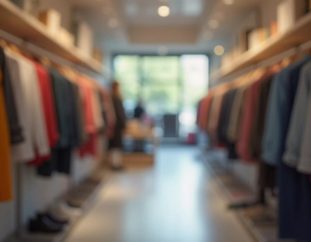 In a contemporary clothing store, racks display an assortment of fashionable apparel. The bright lighting enhances the inviting atmosphere, making it ideal for shoppers to explore. Bokeh. Generate AI.の素材