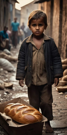 A young child stands in a gloomy alley, holding a loaf of bread. The background shows rundown houses and other children, highlighting the harsh conditions of life in the slums. Generative AI.の素材