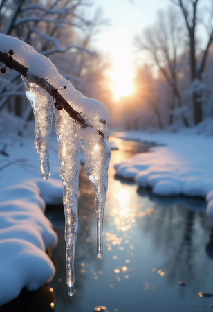 Sunlight breaks through the trees at dawn, reflecting off a tranquil river dotted with melting ice. Icicles hang nearby, creating a peaceful and warm spring atmosphere. Generative AI.の素材