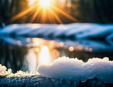 Icicles hang from evergreen branches, reflecting the warm rays of the sun. River flows gently, surrounded by beautiful winter landscape as day turns to night. Early spring in the forest. Generative AIの素材