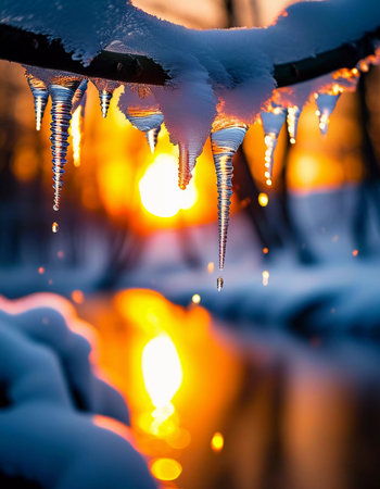 Icicles hang from evergreen branches, reflecting the warm rays of the sun. River flows gently, surrounded by beautiful winter landscape as day turns to night. Early spring in the forest. Generative AIの素材