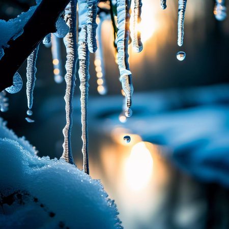 Icicles hang from evergreen branches, reflecting the warm rays of the sun. River flows gently, surrounded by beautiful winter landscape as day turns to night. Early spring in the forest. Generative AIの素材