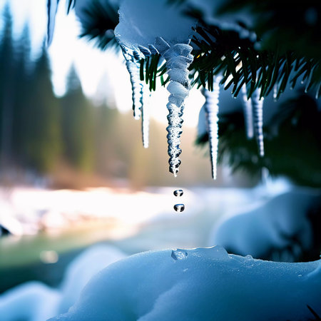 Icicles hang from evergreen branches, reflecting the warm rays of the sun. River flows gently, surrounded by beautiful winter landscape as day turns to night. Early spring in the forest. Generative AIの素材