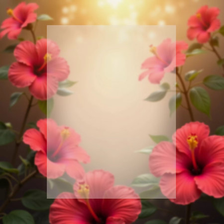 Vibrant hibiscus flowers bloom and soft translucent background for text enhancing the natural beauty. The soft light adds a peaceful ambiance to the tropical setting. Background for tea packaging. AI.の素材
