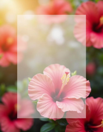 Vibrant hibiscus flowers bloom and soft translucent background for text enhancing the natural beauty. The soft light adds a peaceful ambiance to the tropical setting. Background for tea packaging. AI.の素材