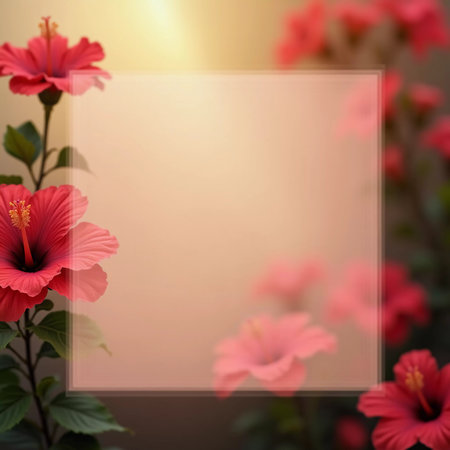 Vibrant hibiscus flowers bloom and soft translucent background for text enhancing the natural beauty. The soft light adds a peaceful ambiance to the tropical setting. Background for tea packaging. AI.の素材